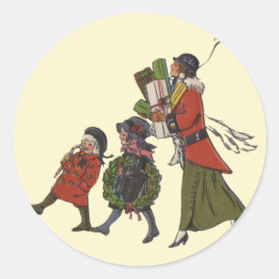 Pegatina Redonda Vintage Christmas Shopping Family Fun