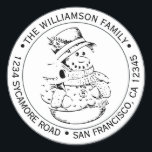 Pegatina Redonda Vintage Christmas Snow Man Return Address<br><div class="desc">Navidades familia vuelta dirección pegatina con tu nombre y dirección en tipografía elegante con un hombre de nieve de Navidad pintado a mano y dibujado a mano. Simplemente agrega tu nombre y dirección. Diseñado exclusivamente para usted por Happy Dolphin Studio. Si necesita ayuda o productos coincidentes, póngase en contacto con...</div>