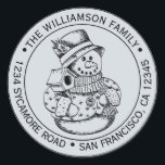 Pegatina Redonda Vintage Christmas SnowMan Blue Return Address<br><div class="desc">Navidades familia vuelta dirección pegatina con su nombre y dirección en tipografía elegante con un muñeco de nieve de Navidad pintado a mano en un fondo azul pastel. Simplemente agrega tu nombre y dirección. Diseñado exclusivamente para usted por Happy Dolphin Studio. Si necesita ayuda o productos coincidentes, póngase en contacto...</div>