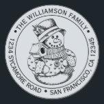 Pegatina Redonda Vintage Christmas SnowMan Blue Return Address<br><div class="desc">Navidades familia vuelta dirección pegatina con su nombre y dirección en tipografía elegante con un muñeco de nieve de Navidad pintado a mano en un fondo azul pastel. Simplemente agrega tu nombre y dirección. Diseñado exclusivamente para usted por Happy Dolphin Studio. Si necesita ayuda o productos coincidentes, póngase en contacto...</div>