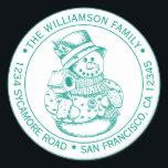 Pegatina Redonda Vintage Christmas SnowMan Green Ink Return Address<br><div class="desc">Navidades familia vuelta dirección pegatina con tu nombre y dirección en tinta verde tipografía elegante con un muñeco de nieve de Navidad pintado a mano en un fondo blanco. Simplemente agrega tu nombre y dirección. Diseñado exclusivamente para usted por Happy Dolphin Studio. Si necesita ayuda o productos coincidentes, póngase en...</div>