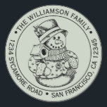 Pegatina Redonda Vintage Christmas SnowMan Green Return Address<br><div class="desc">Navidades familia vuelta dirección pegatina con su nombre y dirección en tipografía elegante con un muñeco de nieve de Navidad pintado a mano en un fondo verde pastel. Simplemente agrega tu nombre y dirección. Diseñado exclusivamente para usted por Happy Dolphin Studio. Si necesita ayuda o productos coincidentes, póngase en contacto...</div>