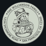 Pegatina Redonda Vintage Christmas SnowMan Green Return Address<br><div class="desc">Navidades familia vuelta dirección pegatina con su nombre y dirección en tipografía elegante con un muñeco de nieve de Navidad pintado a mano en un fondo verde pastel. Simplemente agrega tu nombre y dirección. Diseñado exclusivamente para usted por Happy Dolphin Studio. Si necesita ayuda o productos coincidentes, póngase en contacto...</div>