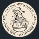 Pegatina Redonda Vintage Christmas SnowMan Ivory Return Address<br><div class="desc">Navidades familia vuelta dirección pegatina con tu nombre y dirección en tipografía elegante con un muñeco de nieve de Navidad pintado a mano en un fondo de marfil. Simplemente agrega tu nombre y dirección. Diseñado exclusivamente para usted por Happy Dolphin Studio. Si necesita ayuda o productos coincidentes, póngase en contacto...</div>