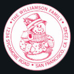 Pegatina Redonda Vintage Christmas SnowMan Red Ink Return Address<br><div class="desc">Navidades familia vuelta pegatina de direcciones con tu nombre y dirección en una tipografía elegante de tinta roja con un muñeco de nieve de Navidad pintado a mano en un fondo blanco. Simplemente agrega tu nombre y dirección. Diseñado exclusivamente para usted por Happy Dolphin Studio. Si necesita ayuda o productos...</div>