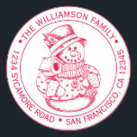 Pegatina Redonda Vintage Christmas SnowMan Red Ink Return Address<br><div class="desc">Navidades familia vuelta pegatina de direcciones con tu nombre y dirección en una tipografía elegante de tinta roja con un muñeco de nieve de Navidad pintado a mano en un fondo blanco. Simplemente agrega tu nombre y dirección. Diseñado exclusivamente para usted por Happy Dolphin Studio. Si necesita ayuda o productos...</div>