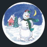Pegatina Redonda Vintage Christmas Snowman Waving<br><div class="desc">Imagen de vacaciones de Navidades de ilustracion de época que muestra a un muñeco de nieve por la noche.</div>