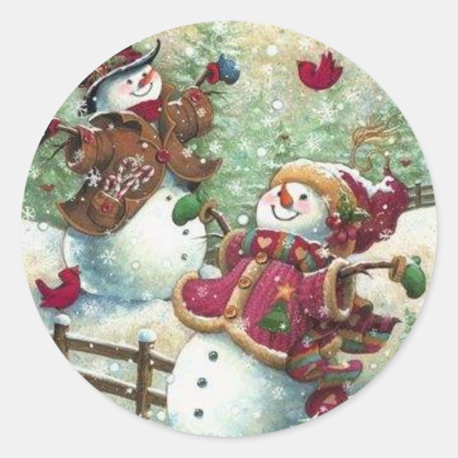 Pegatina Redonda Vintage Christmas Snowmen (Anverso)