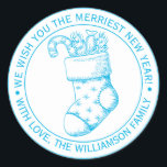 Pegatina Redonda Vintage Christmas Stocking Holiday Wiers Blue Ink<br><div class="desc">Navidades vacaciones desea pegatina con su nombre familiar en una tipografía azul elegante y moderna con un caldo de bonito de Navidad vintage. Simplemente agrega tu nombre y texto y envía un poco de amor a tu familia y amigos con este toque final perfecto para tus regalos de vacaciones y...</div>