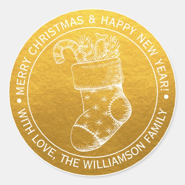 Pegatina Redonda Vintage Christmas Stocking Holiday Wiers Gold (Anverso)
