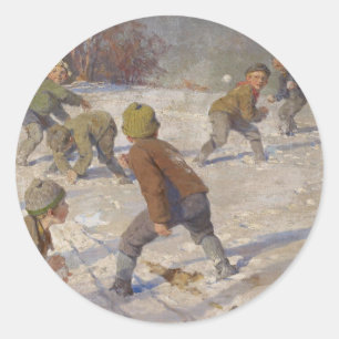 Pegatina Redonda Vintage Christmas, The Snowball Fight (1890)