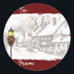 Pegatina Redonda Vintage Christmas Town Gift Tag Pegatinas<br><div class="desc">Estos pegatinas con etiquetas de regalo de vacaciones muestran un pueblo anticuado a la hora de los Navidades en blanco y negro,  con el único color de la lámpara de la calle y de la decoración.</div>