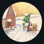 Pegatina Redonda Vintage Christmas Tree on a Snowley Winter Road<br><div class="desc">Ilustracion Vintage Diseño navideño de Feliz Navidad con una carretera cubierta de nieve durante la temporada invernal. Una familia está trayendo a casa un pino recién cortado o un árbol navideño de abetos en un trineo tirado por un caballo.</div>