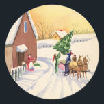Pegatina Redonda Vintage Christmas Tree on a Snowley Winter Road<br><div class="desc">Ilustracion Vintage Diseño navideño de Feliz Navidad con una carretera cubierta de nieve durante la temporada invernal. Una familia está trayendo a casa un pino recién cortado o un árbol navideño de abetos en un trineo tirado por un caballo.</div>