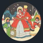 Pegatina Redonda Vintage Christmas, una familia cantando música vil<br><div class="desc">Ilustracion Vintage Victorian Feliz Navidad diseño con un fondo familiar en una fría noche de invierno con un bonito pueblo en el fondo. Esta pintoresca aldea tiene casas con humo subiendo por las chimeneas, nieve en el suelo y hay estrellas en el cielo. Casi puedes escuchar la música de Noche...</div>