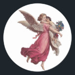 Pegatina Redonda Vintage Christmas, Victorian Guardian Angel<br><div class="desc">Ilustracion vintage, religioso. Imagen de feriado navideño con un ángel sosteniendo a un chica; se corta la vida victoriana. Este bonito diseño angélico tiene un ángel con grandes alas que sostiene un ramo de flores rosadas y una niña con un vestido blanco que fluye. El recuerdo de un diseño clásico...</div>