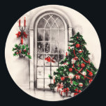 Pegatina Redonda Vintage Christmas Window Pegatinas<br><div class="desc">Originalmente un dibujo en blanco y negro de principios del siglo XX,  esta vintage escena navideña con árboles de Navidad y luces hace grandes pegatinas de vacaciones.</div>