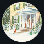 Pegatina Redonda Vintage Christmas Winter Snow Back Home House<br><div class="desc">Vintage Christmas Winter Snow Back Home House Holiday Card</div>