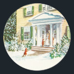 Pegatina Redonda Vintage Christmas Winter Snow Back Home House<br><div class="desc">Vintage Christmas Winter Snow Back Home House Holiday Card</div>