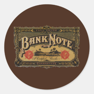 Pegatina Redonda Vintage Cigar Label Art, Bank Note Money Finance