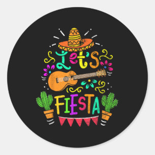 Pegatina Redonda Vintage Cinco De Mayo Cactus Sombrero Guitar