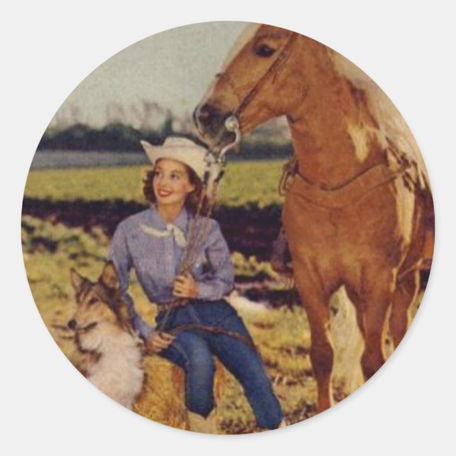 Pegatina Redonda Vintage Cowgirl (Anverso)