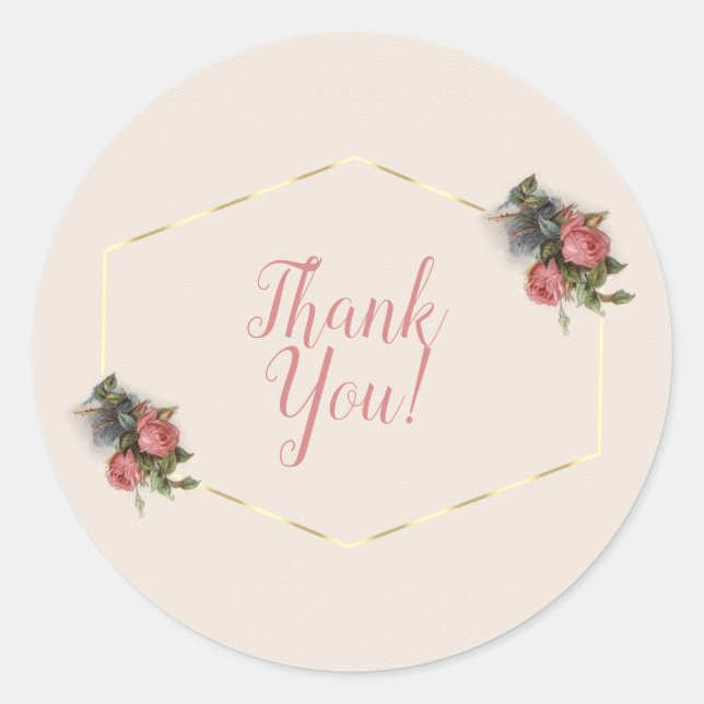 Pegatina Redonda Vintage Crimson Roses rosadas gracias (Anverso)