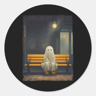 Pegatina Redonda Vintage Cute Ghost Esperando Sentado En Silla Hall
