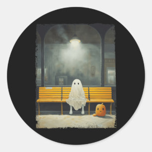 Pegatina Redonda Vintage Cute Ghost Waiting Subway Station Hallowee