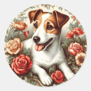 Pegatina Redonda Vintage Cute Jack Russell Terrier Floral