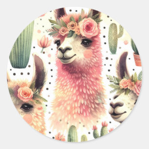 Pegatina Redonda Vintage Cute Llama Watercolor