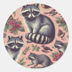 Pegatina Redonda Vintage Cute Racoon