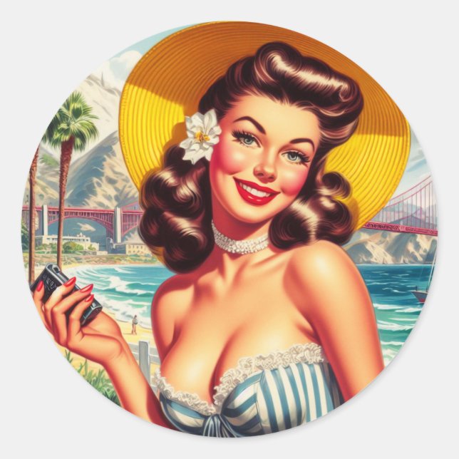 Pegatina Redonda Vintage Cute San Franciso Pin-up (Anverso)