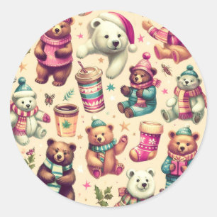 Pegatina Redonda Vintage Cute Winter Teddy Bear Pattern