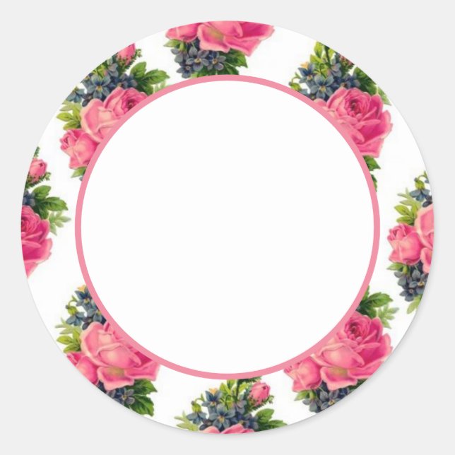 Pegatina Redonda Vintage de patrón de rosas rosadas (Anverso)