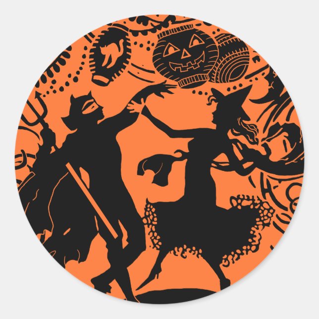 Pegatina Redonda Vintage Devil Witch Dance Silhouette Ilustracion (Anverso)