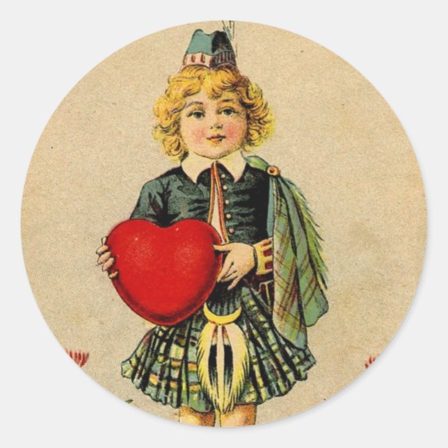 Pegatina Redonda Vintage día de San Valentín Escocia chico y corazó (Anverso)