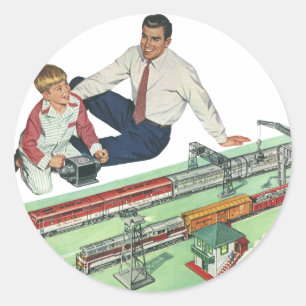 Pegatina Redonda Vintage Día del Padre, papá e hijo con trenes