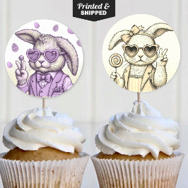 Pegatina Redonda Vintage Easter Bunny Cupcake Topper