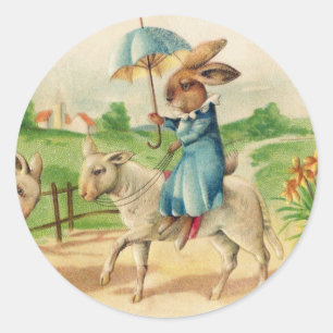 Pegatina Redonda Vintage Easter Bunny Rabbit Riding Lambs Saludos