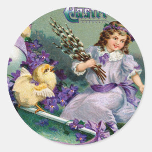 Pegatina Redonda Vintage Easter Greetings Chica Egg Chick Carriage