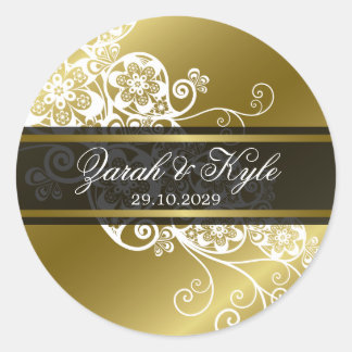 Pegatina Redonda Vintage Elegant Gold Floral Paisley Wedding Favors