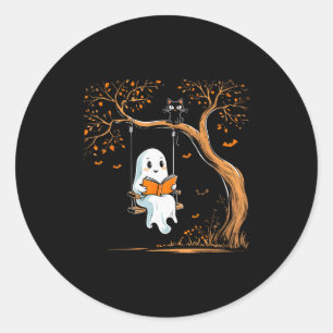 Pegatina Redonda Vintage Fantasma Swing Libro de Lectura Halloween