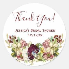 Pegatina Redonda Vintage Floral Botánico Rosa Burdeos Agradecimient