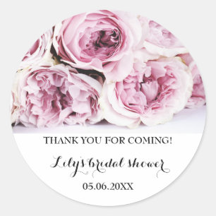 Pegatina Redonda Vintage Floral Gracias Bridal Shower Rosas Rosadas