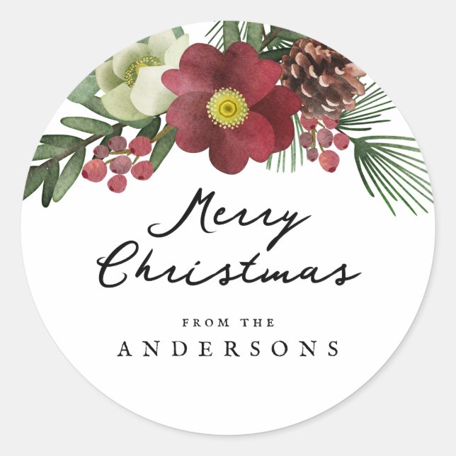 Pegatina Redonda Vintage Floral Merry Christmas (Anverso)