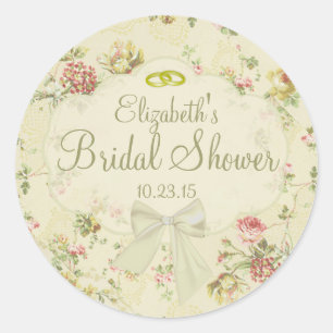 Pegatina Redonda Vintage Floral White Bow Bridal Shower