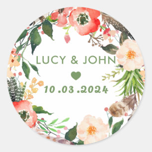 Pegatina Redonda Vintage Floral Wreath Wedding Favor