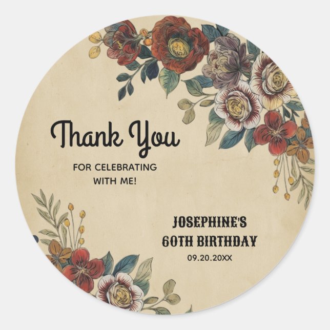 Pegatina Redonda Vintage Flower Birthday Thank You (Anverso)