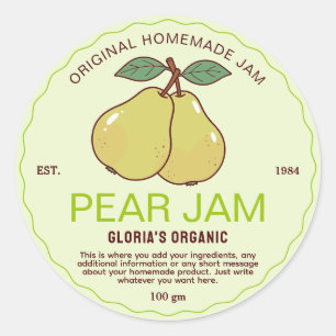 Pegatina Redonda Vintage Fruit Pear Jam Producto casero